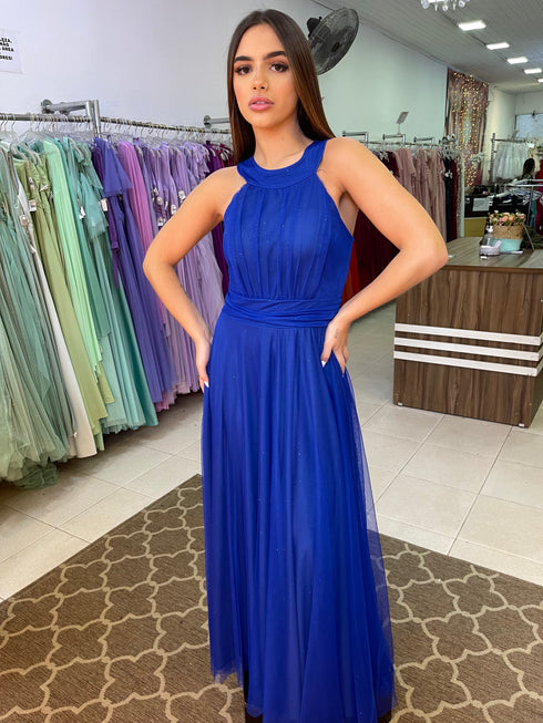 VESTIDO DE GOLA TULE TRABALHADO